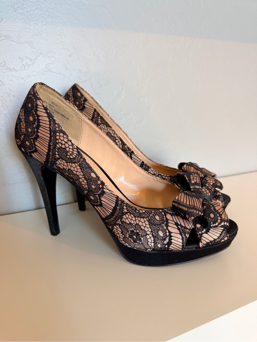 Audrey Brooke Black Lace Peep-Toe Heels with Bow Accent